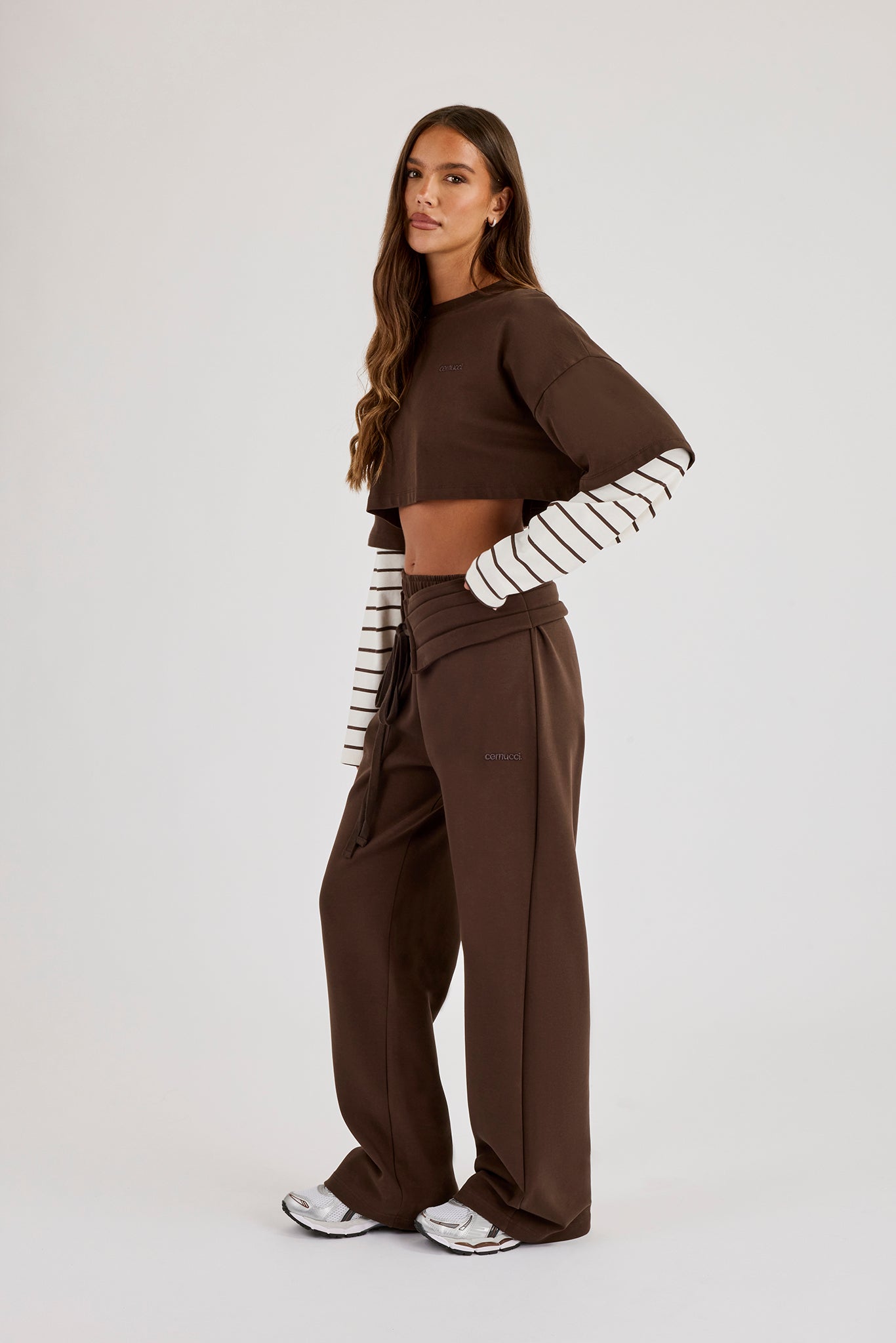 Faux Stripe Layered Cropped T-Shirt & Pleated Waistband Wide Leg Jogger- Chocolate